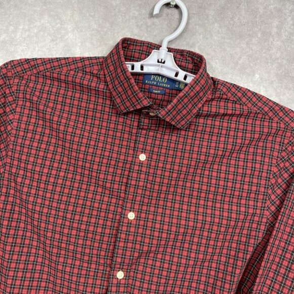 Polo Ralph Lauren Button Up Shirt Mens 17 / 43 Red Plaid Long Sleeve Slim Fit - Picture 3 of 10